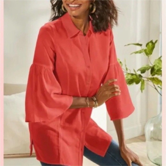Soft Surroundings Ballard Blouse Top Linen Blend Sunset Coral Womens Large - Picture 2 of 10